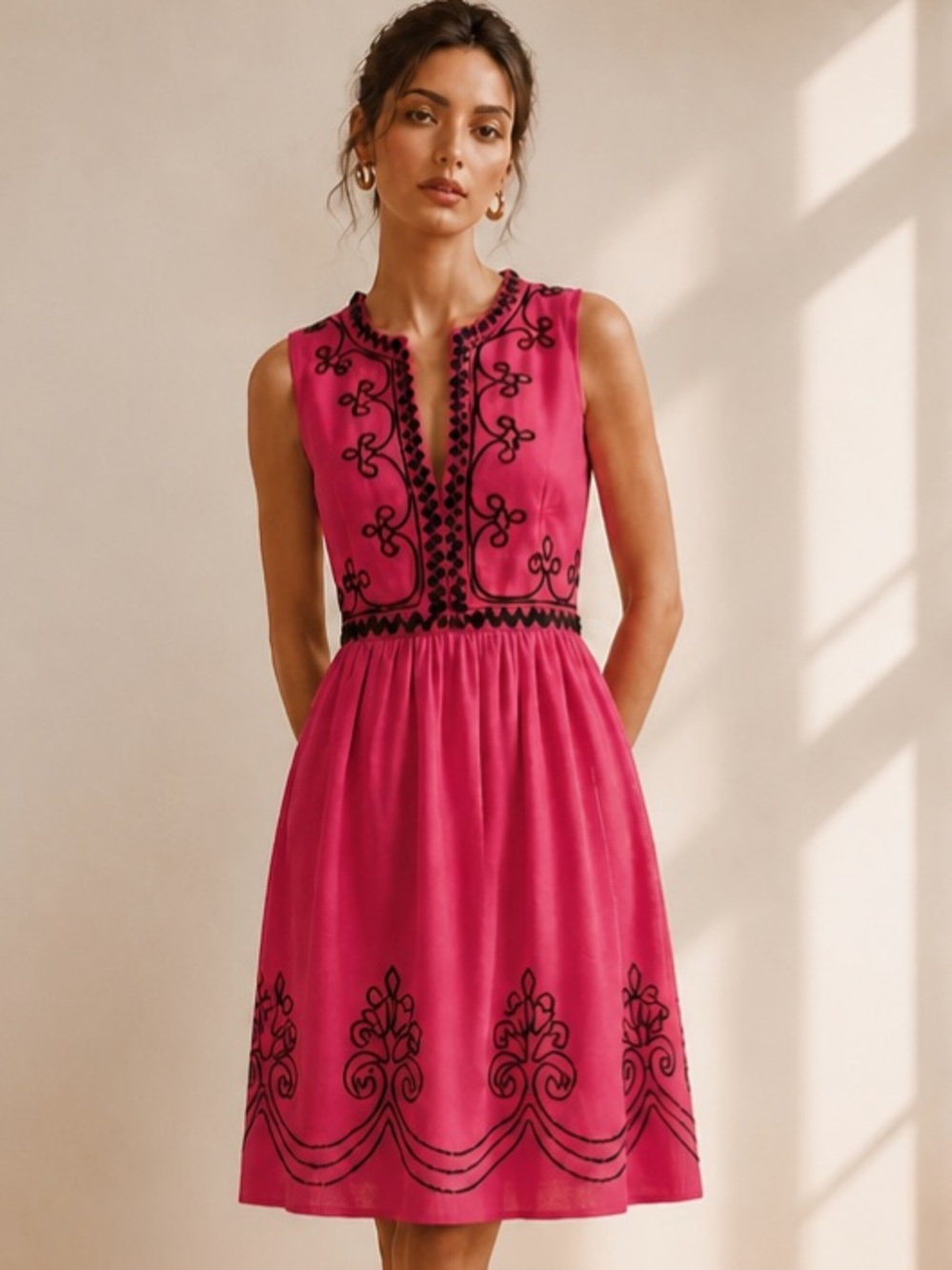 LILLY PULITZER Alexandra Dress Beaded Appliqué Pink Black Sleeveless Embroidered